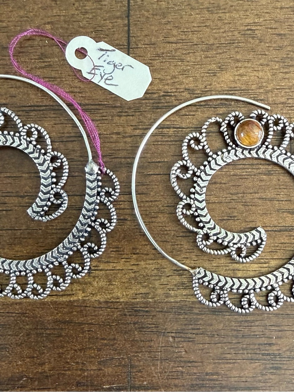 Tiger Eye Silver Filigree Hoop Earrings